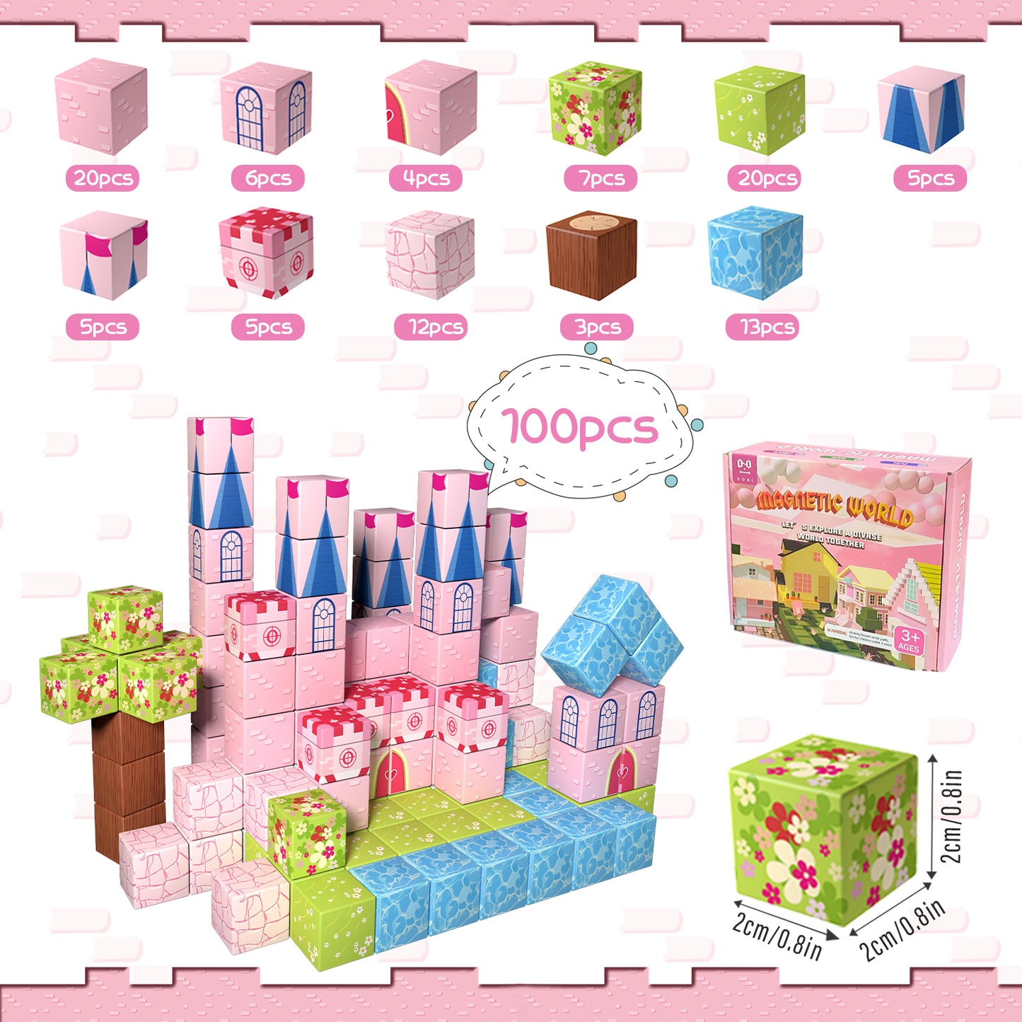 Magnetic Building Blocks Set - Pink Castle Theme for Kids Creative Play