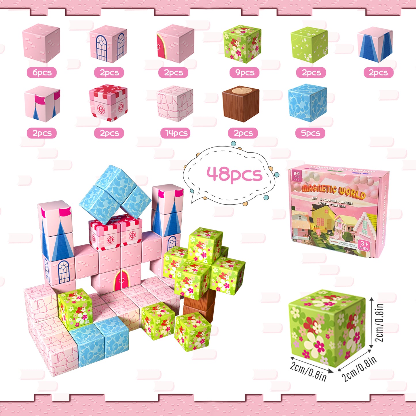 Magnetic Building Blocks Set - Pink Castle Theme for Kids Creative Play