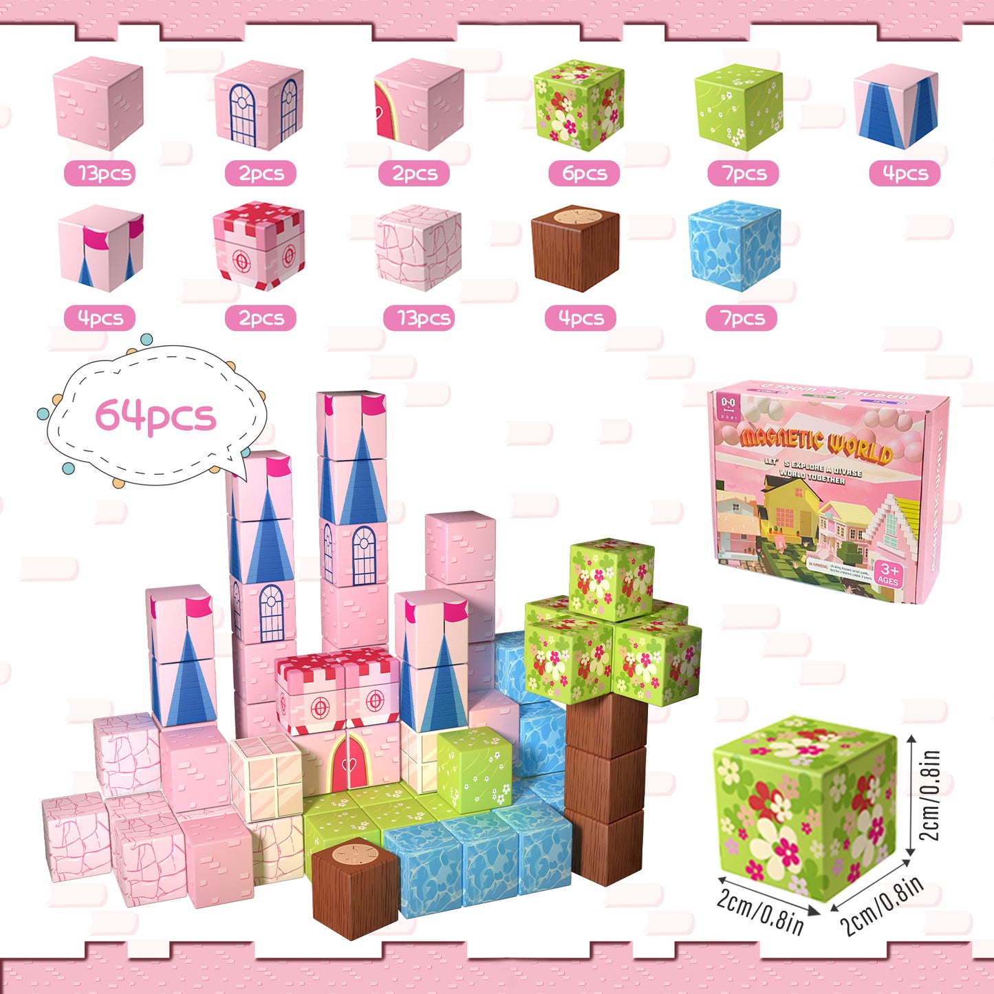 Magnetic Building Blocks Set - Pink Castle Theme for Kids Creative Play