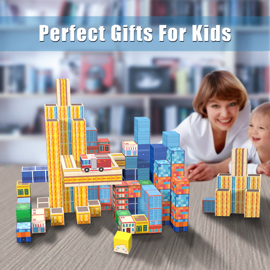 Magnetic Building Blocks Set - Blue Skyscraper & City Architecture Kit for Kids
