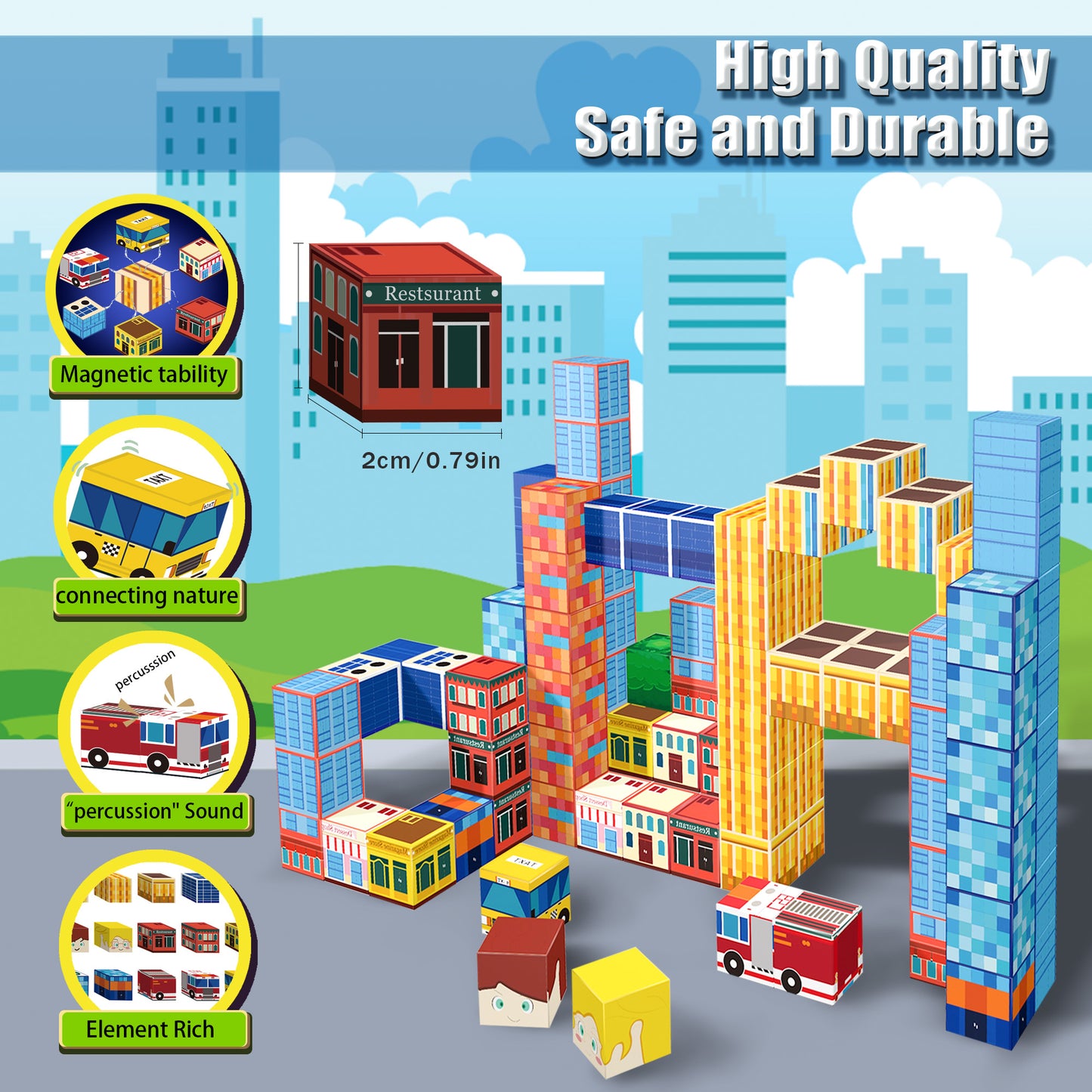 Magnetic Building Blocks Set - Blue Skyscraper & City Architecture Kit for Kids