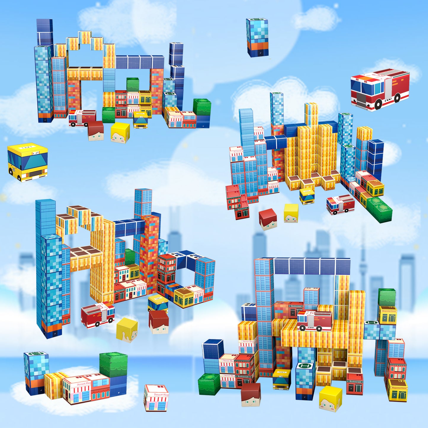 Magnetic Building Blocks Set - Blue Skyscraper & City Architecture Kit for Kids