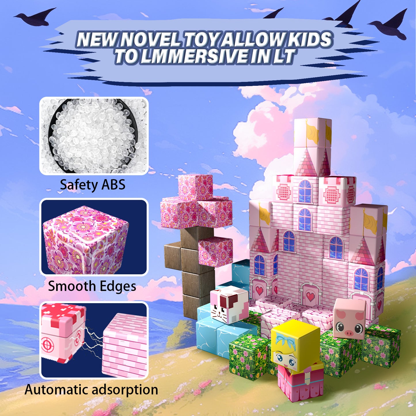 Magnetic Building Blocks Set - Cherry Blossom Castle Theme, Educational STEM Toys for Kids