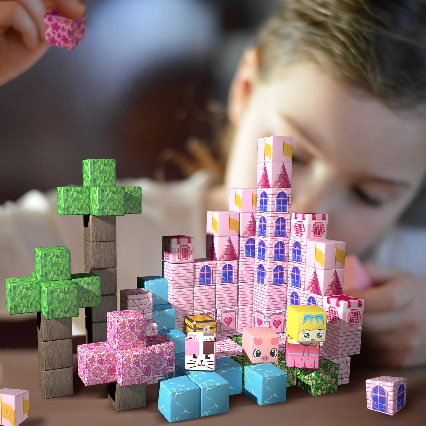 Magnetic Building Blocks Set - Cherry Blossom Castle Theme, Educational STEM Toys for Kids