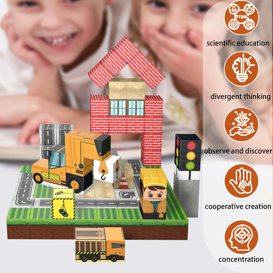 Magnetic Building Blocks Set - Construction Town Theme Building Blocks