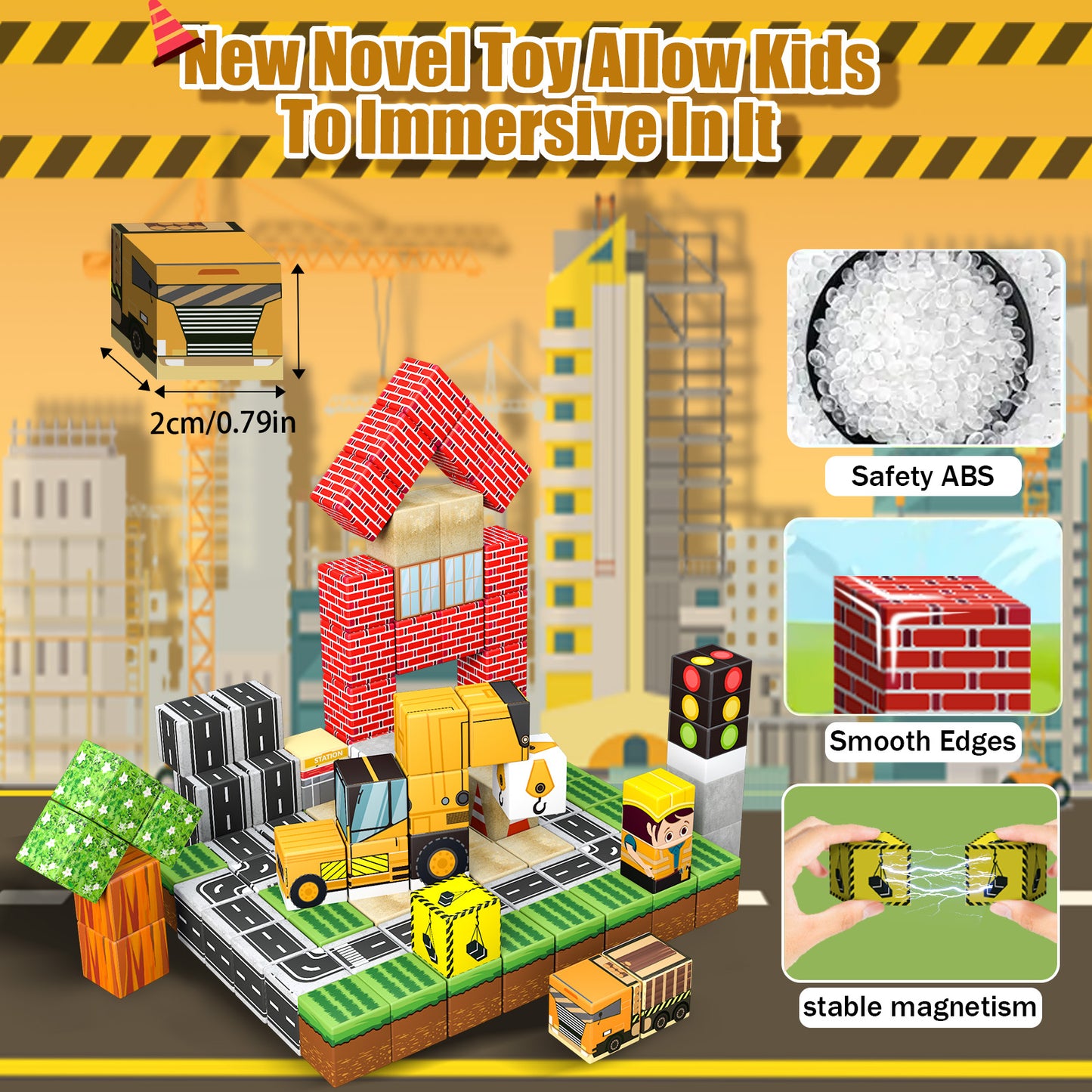 Magnetic Building Blocks Set - Construction Town Theme Building Blocks