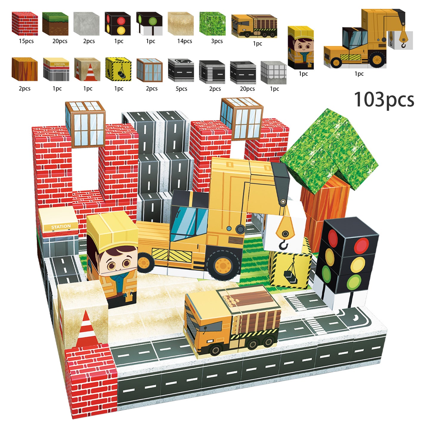 Magnetic Building Blocks Set - Construction Town Theme Building Blocks