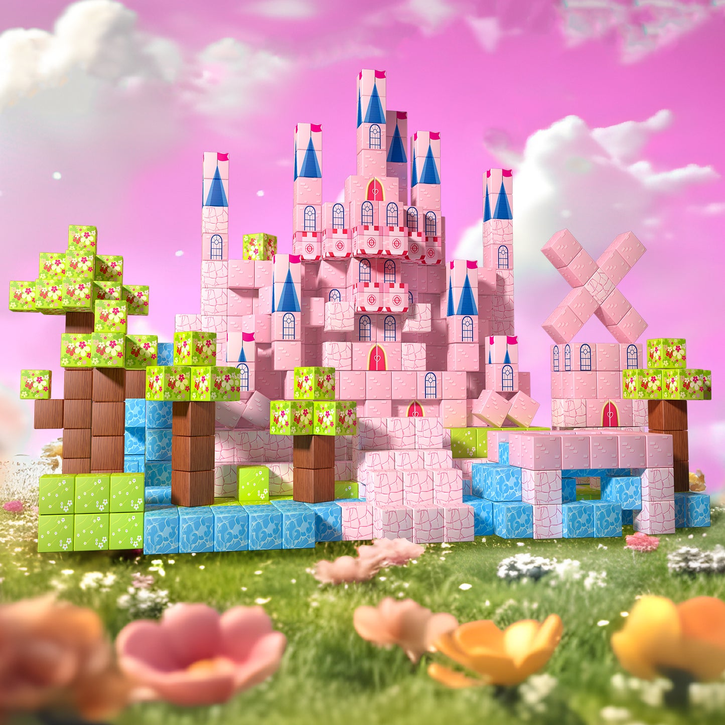Magnetic Building Blocks Set - Pink Castle Theme for Kids Creative Play