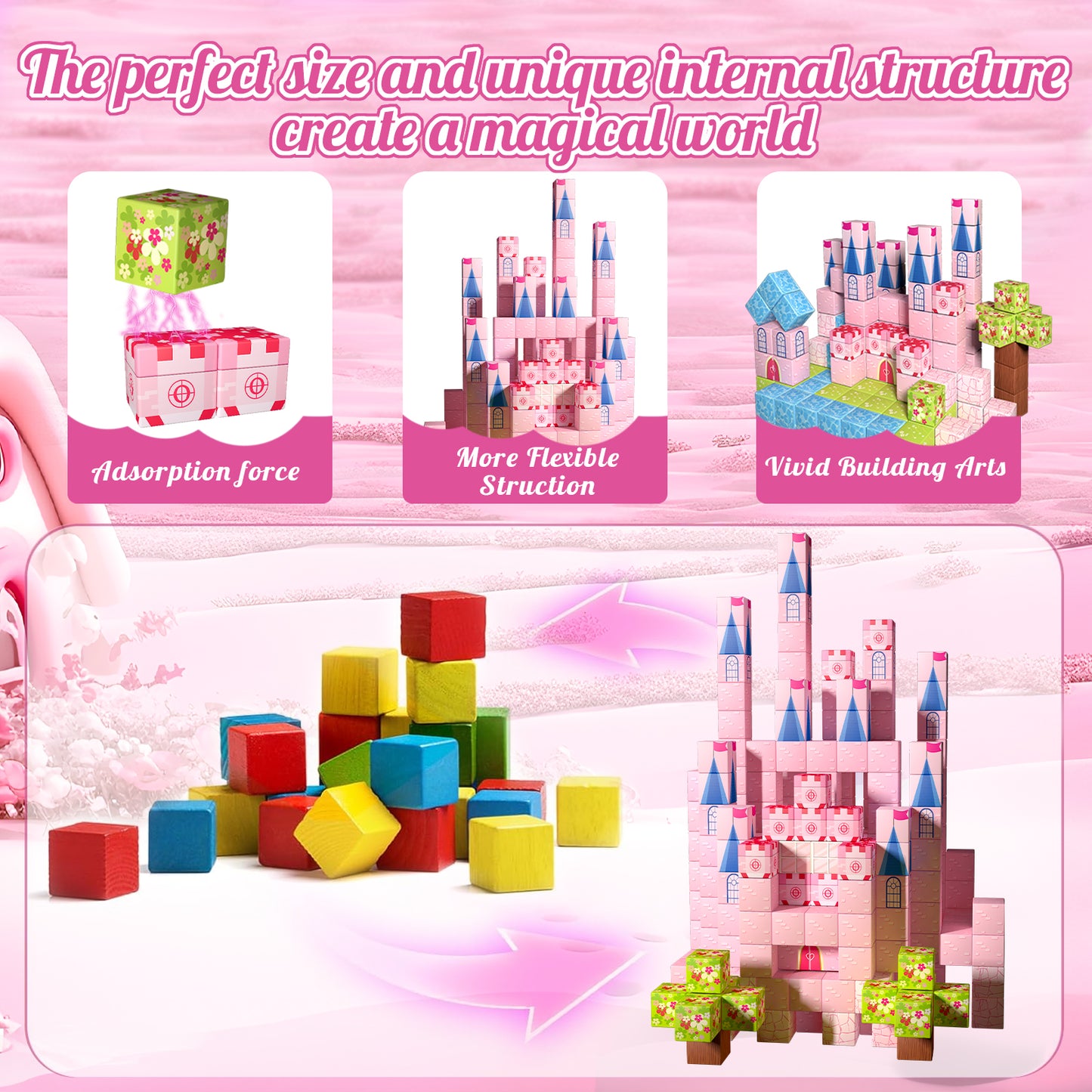 Magnetic Building Blocks Set - Pink Castle Theme for Kids Creative Play
