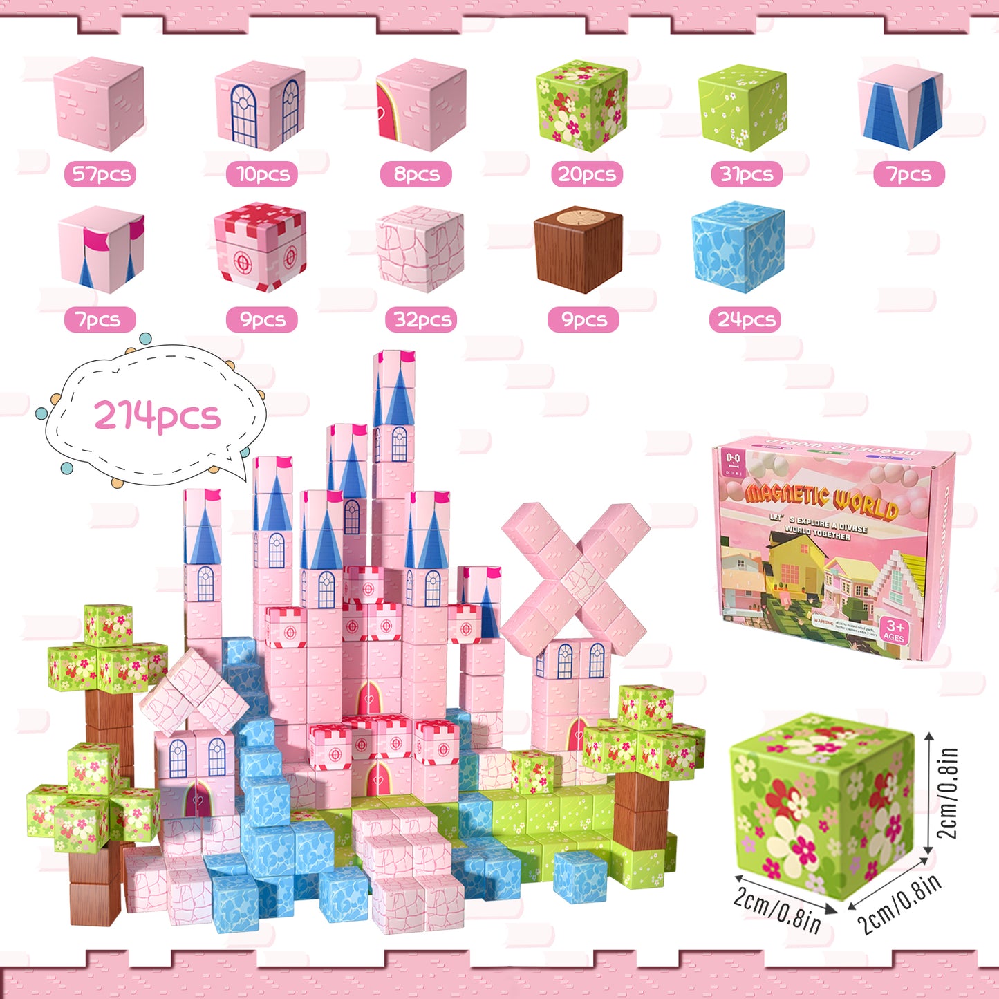Magnetic Building Blocks Set - Pink Castle Theme for Kids Creative Play