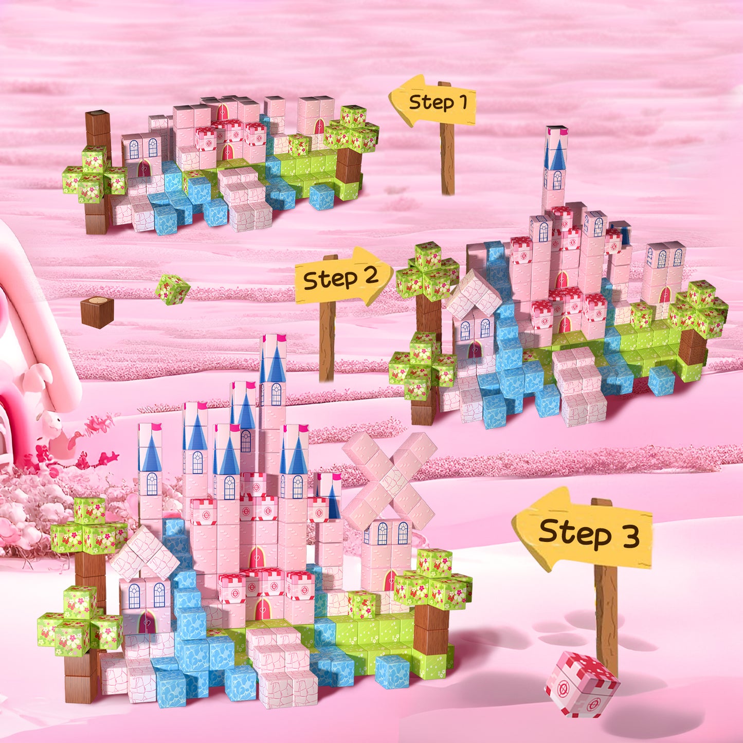 Magnetic Building Blocks Set - Pink Castle Theme for Kids Creative Play